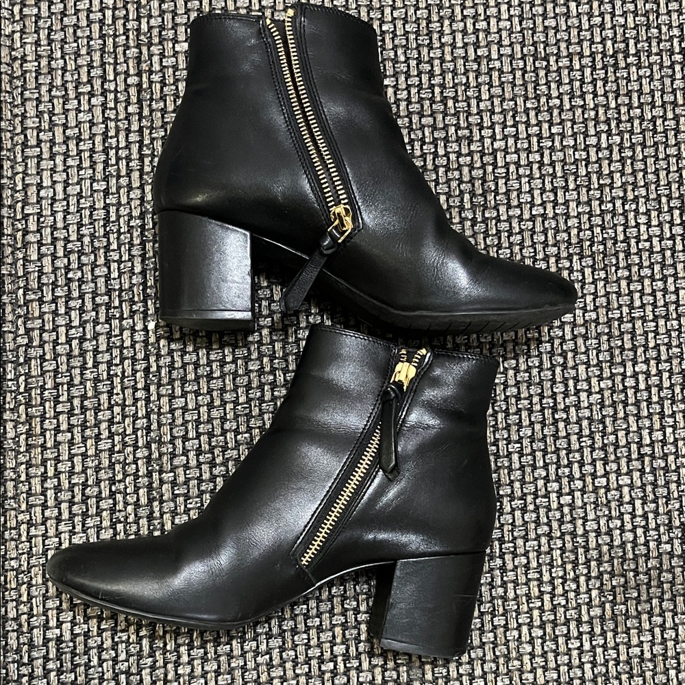 Cole Haan Black Leather Ankle Boots with Gold Zipper Accents